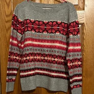 LOFT Gray and Pink Patterned Crew Neck Sweater size XL